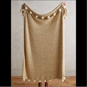 Anthropologie Gold Tinsel Pom Pom Throw Blanket